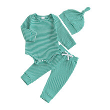 (12-18 Months, Green) Completo autunnale per neonati: tutina a righe con scollo rotondo, maniche lunghe, pantaloni e cappellino, set 3 pezzi.