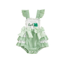 (3-6 Months, Army Green) Macacão infantil feminino estilo irlandês, moderno e charmoso, com bordado de trevo e mangas bufantes xadrez.