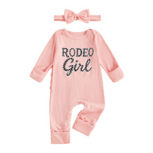 (12-18 Months, Pink) Conjunto de Outono para Bebê Menina: Macacão Manga Longa com Estampa e Faixa de Cabelo com Laço