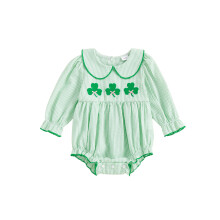 (0-3 Months, Green) Body infantil feminino de manga comprida com gola boneca e bordado de trevo, estilo irlandês.