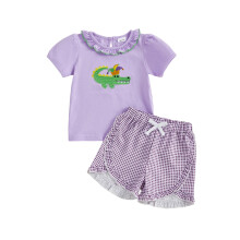 (2-3 Years, Purple) Set de haine pentru fetițe, model crocodil, broderie, manșete scurte, 2 buc, vară.