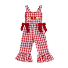 (2-3 Years, Red) Girl Valentine's Day Overalls Letter Heart Embroidery Ruffled Hems Cute Girl Plaid Romper