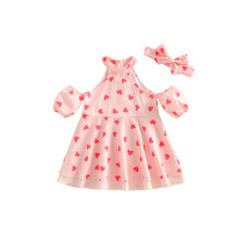 (2-3 Years, Pink) Set rochie pentru fete, rochie de vară cu mânecă scurtă, cu umeri goi, imprimare cu inimă și bentiță