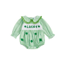(3-6 Months, Green) Macacão de primavera para bebê menina, manga comprida, gola boneca, bordado de trevo e listras.