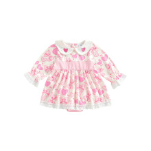 (3-6 Months, Pink) Vestido infantil feminino A com estampa de laço coração, mangas longas e gola boneca. Estilo streetwear.