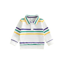(18-24 Months, White) Gestreepte topjes voor peuterjongens, modieus en schattig, met lange mouwen en kraag, perfect voor Mardi Gras.