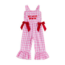 (12-18 Months, Pink) Girl Valentine's Day Overalls Letter Heart Embroidery Ruffled Hems Cute Girl Plaid Romper