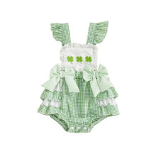(0-3 Months, Green) Macacão infantil feminino estilo irlandês, moderno e charmoso, com bordado de trevo e mangas bufantes xadrez.