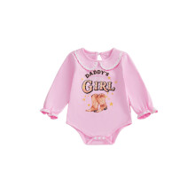 (3-6 Months, Pink) Macacão infantil feminino com estampa de letras, gola boneca e mangas longas. Estilo western.