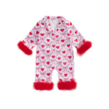 (3-6 Months, Red) Dievčenské pyžamo s dlhým rukávom, golierom a klopou na Valentína, kožušinovým lemom a potlačou srdca