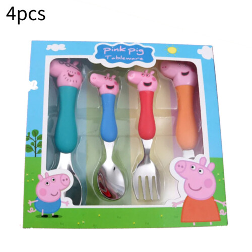 (set)Peppa Pig Cartoon Tableware Spoon Fork Baby Complementary Food Scraper Training