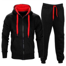 (Black Red,2XL)Mens Tracksuit Set Fleece Zip Hoodie Topsbottoms Joggers Gym Contrast Jogging