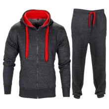 (Dark Gary Red,L)Mens Tracksuit Set Fleece Zip Hoodie Topsbottoms Joggers Gym Contrast Jogging