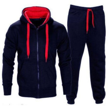 (Navy Red,2XL)Mens Tracksuit Set Fleece Zip Hoodie Topsbottoms Joggers Gym Contrast Jogging