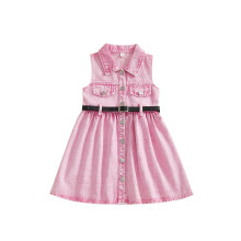 (6 Years, Pink) Vestito in denim per bambina con cintura, elegante, a trapezio, senza maniche, perfetto per l'estate.