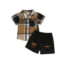 (12-18 Months, Black) Jungen-Shorts-Set, Kurzarmhemd mit Karomuster und zerrissene Shorts – Sommeroutfit für Kleinkinder