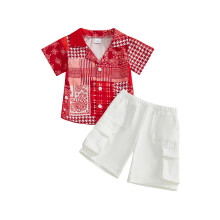 (4-5 Years, Red) 2-teiliges Sommer-Outfit für Jungen: Kurzarm-Oberteil mit Umlegekragen und passenden Shorts im karierten Design.