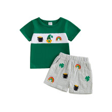 (12-18 Months, Forest Green) Frühlingsoutfit für Jungen: 2-teiliges Set mit besticktem T-Shirt und gestreiften Shorts.