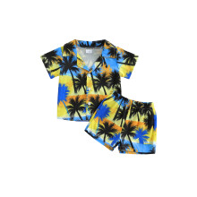 (1-2 Years, Blue) 2-teiliges Sommeroutfit für Jungen: Kurzarmhemd mit Baumprint und Knöpfen + Shorts (Kinderkleidung)