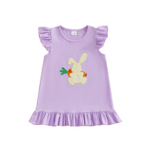 (12-18 Months, Purple) Vestito pasquale per bambina con coniglietto e carota ricamati, maniche a volant, abito casual estivo/primaverile