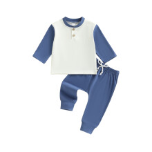 (2-3 Years, Blue) Jesenný outfit pre chlapčeka, 2 ks, s dlhým rukávom, kontrastným farebným topom a nohavicami, teplé oblečenie