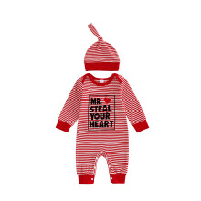 (6-12 Months, Red) Chlapčenský overal s dlhým rukávom, okrúhlym výstrihom, pruhmi, písmenami a čiapkou, valentínsky outfit
