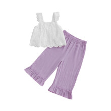 (5-6 Years, Purple) Jarný outfit pre batoľatá, voľný strih, ležérny čipkovaný top a rovné nohavice, sada 2 kusov