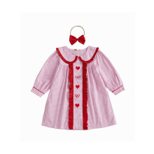 (2-3 Years, Pink) Vestito a trapezio per bambina, a quadri, colletto a bambola, maniche lunghe, con fascia, perfetto per San Valentino.