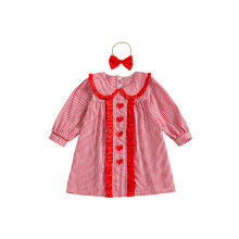 (2-3 Years, Red) Vestito a trapezio per bambina, a quadri, colletto a bambola, maniche lunghe, con fascia, perfetto per San Valentino.