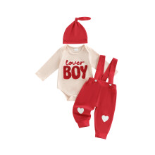 (6-12 Months, Beige) Kisfiú Valentin-napi ruhaszett, aranyos betűs, hímzett, hosszú ujjú, overallos, sapkás, 3 darabos ruhák