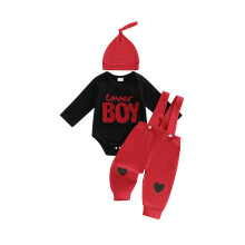 (6-12 Months, Black) Kisfiú Valentin-napi ruhaszett, aranyos betűs, hímzett, hosszú ujjú, overallos, sapkás, 3 darabos ruhák