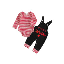 (6-12 Months, Red) Valentínsky outfit pre chlapčeka, pruhovaný overal s dlhým rukávom a nápisom „Láskavé srdce“, 2 kusy