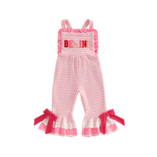 (6-12 Months, Pink) Dívčí overal pro batolata na Valentýna, pohodlný bezrukávový s výšivkou a zvonovými nohavicemi