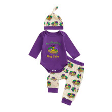 (3-6 Months, Purple) Completo carnevale neonati maschi: tutina maniche lunghe, pantaloni stampa torta e cappellino.