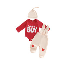 (12-18 Months, Red) Kisfiú Valentin-napi ruhaszett, aranyos betűs, hímzett, hosszú ujjú, overallos, sapkás, 3 darabos ruhák