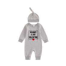 (Newborn, Gray B) Chlapčenský overal s dlhým rukávom, okrúhlym výstrihom, pruhmi, písmenami a čiapkou, valentínsky outfit