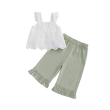 (2-3 Years, Green) Jarný outfit pre batoľatá, voľný strih, ležérny čipkovaný top a rovné nohavice, sada 2 kusov
