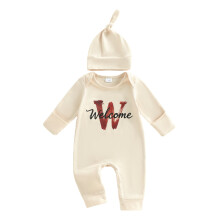 (6-12 Months, Beige) Detské westernové oblečenie, sada 2 kusov, okrúhly výstrih s potlačou písmen a dlhý rukáv, overál a čiapka