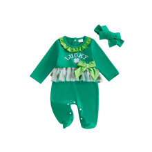 (0-3 Months, Army Green) Baby Girl Irish Day Romper Long Sleeve Ruffled Collar Letter Clover Embroidery Footed Jumpsuit