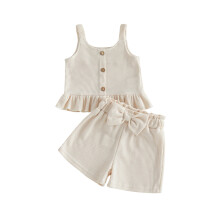 (18-24 Months, Beige) Set fashion 2 piese pentru fete: maiou fără mâneci cu guler pătrat și pantaloni scurți, culoare solidă
