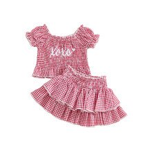 (18-24 Months, Red) Fete mici, 2 piese, carouri, broderie, mânecă scurtă, guler pătrat, top și fustă cu talie elastică, set volan.