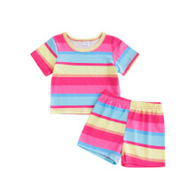 (2-3 Years, Watermelon Red) Set de pantaloni scurți pentru fete, tricou scurt cu guler rotund și dungi, ținută de vară