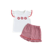 (18-24 Months, Beige) Set de haine pentru bebeluși fete, broderie florală, mâneci zburătoare, topuri cu pantaloni scurți, 2 buc, ținute
