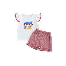 (6-12 Months, White) Fete de vară 2 piese ținute cu mânecă scurtă O-neck Sugar Shack broderie topuri carouri pantaloni scurți seturi