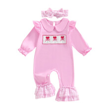 (12-18 Months, Pink) Macacão infantil para o Dia dos Namorados, com mangas compridas, gola boneca, modelagem evasê e faixa para a cabeça.