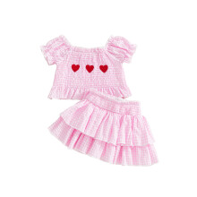 (4-5 Years, Pink) Fete mici, 2 piese, carouri, broderie, mânecă scurtă, guler pătrat, top și fustă cu talie elastică, set volan.