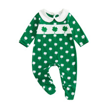(3-6 Months, Dark Green) Kombinezon niemowlęcy w paski i kropki, modny, haftowany koniczynką, kołnierzyk dla lalki, długi rękaw