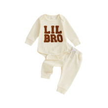 (3-6 Months, Beige) Completo neonati primaverile: tutina a maniche lunghe e pantaloni a coste con ricamo, set 2 pezzi.