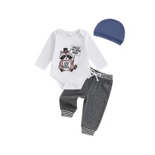 (3-6 Months, Beige) Completo autunnale per neonato: tutina a maniche lunghe con stampa, pantaloni a righe e cappellino (3 pezzi).