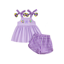 (18-24 Months, Purple) Seturi de carnaval pentru fete mici, 2 piese, fără mâneci, broderie, bluze, pantaloni scurți în carouri